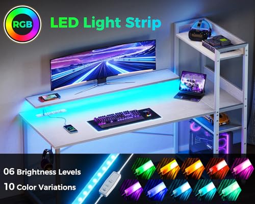 Reversible Gaming Desk with USB Charging Port and LED Lights, 40 Inch Computer Desk with Storage Shelves C134