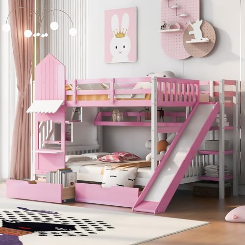 Kids Bunk Bed with Stairs and Slide, Twin Over Twin, Gray E77813