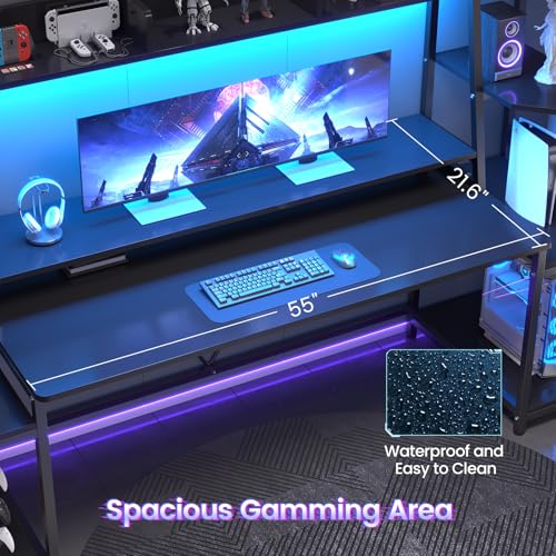 Gaming Desk with LED Lights, Hutch and Storage Shelves, Black R364