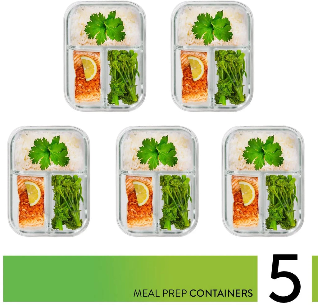 Glass Food Storage Containers, 5 Pack with 3 Compartments Q4636