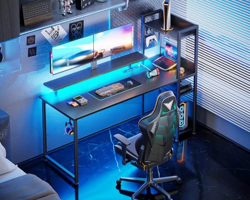 Reversible Gaming Desk with USB Charging Port and LED Lights, 40 Inch Computer Desk with Storage Shelves C134