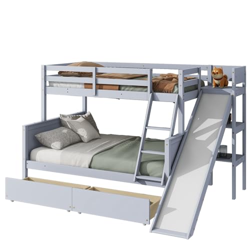 Twin Over Full Bunk Bed with Slide and Storage Stairs C57577