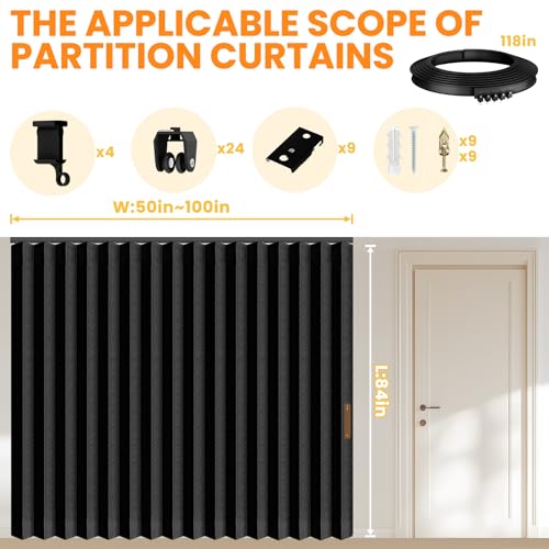 Accordion Room Divider Curtains with Ceiling Track, Grey, W100 x L84 J296