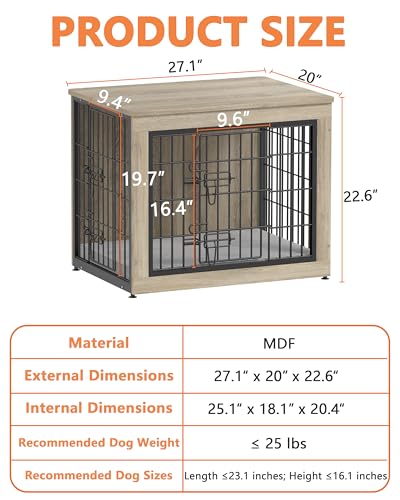 Dog Crate Furniture with Cushion, Heavy-Duty Metal Mesh, Wooden End Table with Double Doors, Indoor Kennel for Small Breed, Grey K856