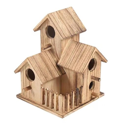 4 Hole Bird Houses,Wooden Bird Houses for Outside Hanging Clearance,Outdoor Bird Houses for 3 Bird Families,Handmade Natural Bird House for Backyard/Courtyard/Patio Decor