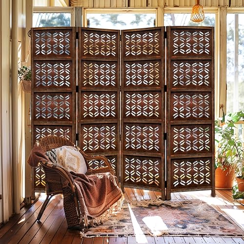 4 Panel Folding Wood Room Divider, Antique Brown, 72 x 80 L396608