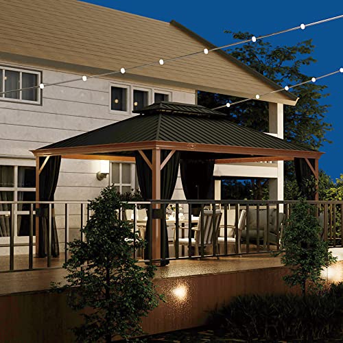 10 x 12 ft Hardtop Gazebo with Netting and Curtains, Double Roof Metal Canopy for Patio I7305