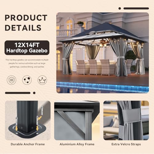 12x16 Hardtop Gazebo with Netting and Curtains, Aluminum Frame, Polycarbonate Roof N71921
