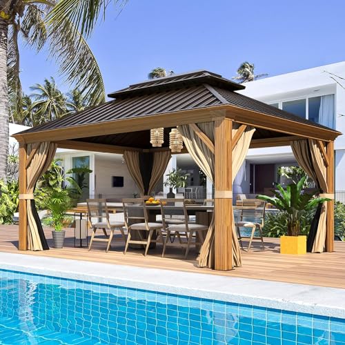 12x16 ft Hardtop Gazebo with Galvanized Steel Roof, Curtains and Netting V821
