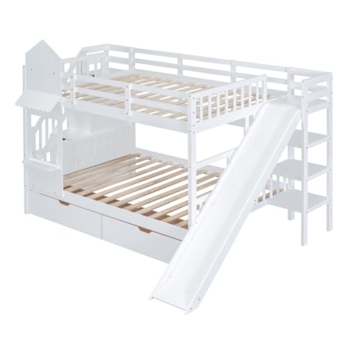 Kids Bunk Bed with Stairs and Slide, Twin Over Twin, Gray E77813