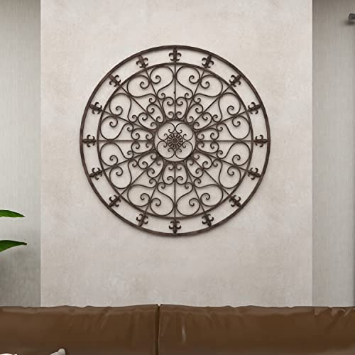 Metal Fleur De Lis Circle Wall Sculpture with Scrollwork, Black S3104