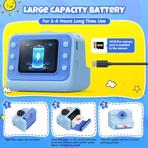 Kids Instant Print Camera 1080P HD with 3 Rolls Paper & 32GB Card V473