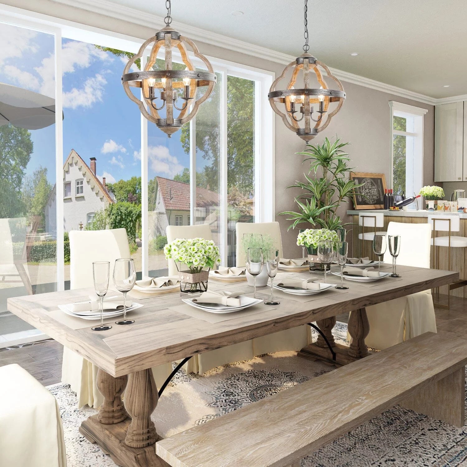 Farmhouse 3-Light Wood Lantern Chandelier for Kitchen Island Dining Room V307352