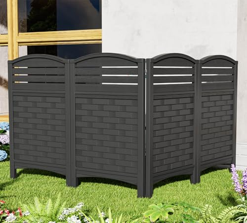 ADDOK Air Conditioner Fence Privacy Screen,Resin Outdoor Privacy Vinyl Fence,4 Panels Trash Can Enclosure,45" (H) x 22" (W) Per Pool Equipment Enclosure with Metal Stake