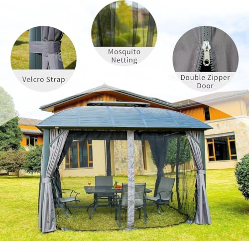 10 x 10 ft Hardtop Gazebo with Netting and Curtains, Galvanized Steel Roof for Patio and Garden X50618