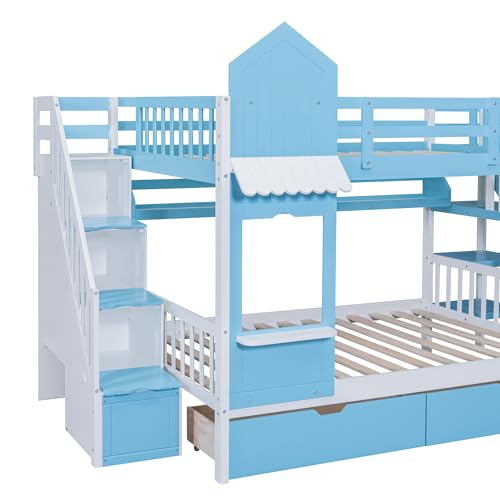 Kids Bunk Bed with Stairs and Slide, Twin Over Twin, Gray E77813