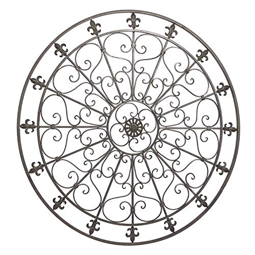 Metal Fleur De Lis Circle Wall Sculpture with Scrollwork, Black S3104