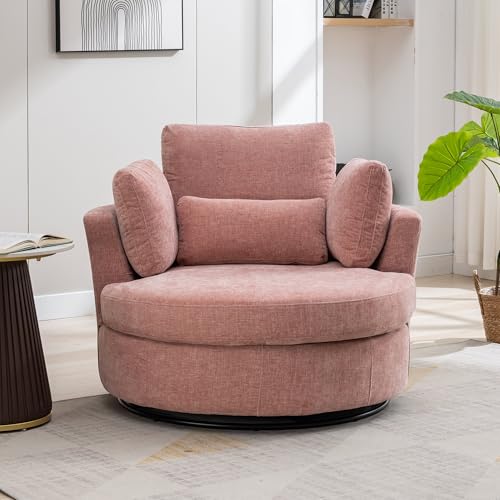Oversized Swivel Barrel Chair with Ottoman, Chenille, Beige X252712