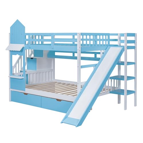 Kids Bunk Bed with Stairs and Slide, Twin Over Twin, Gray E77813