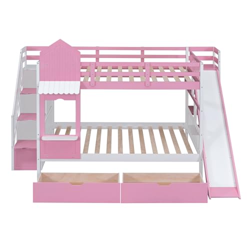 Kids Bunk Bed with Stairs and Slide, Twin Over Twin, Gray E77813
