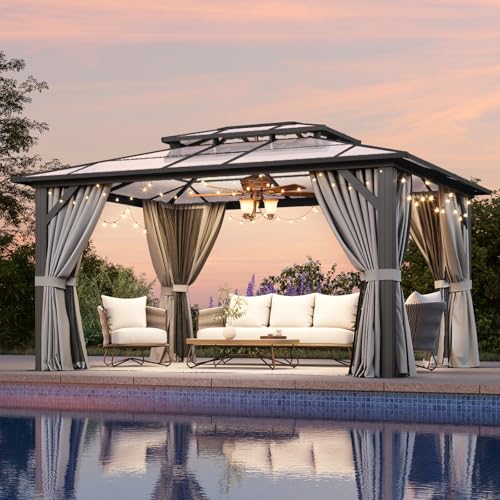 12x16 Hardtop Gazebo with Netting and Curtains, Aluminum Frame, Polycarbonate Roof N71921