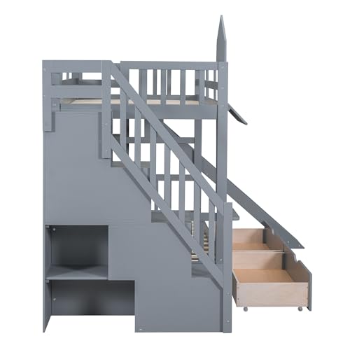 Twin Over Twin Bunk Bed with Stairs and Slide, Solid Wood Frame with Storage Y2445