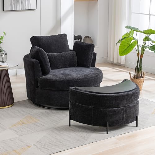 Oversized Swivel Barrel Chair with Ottoman, Chenille, Beige X252712