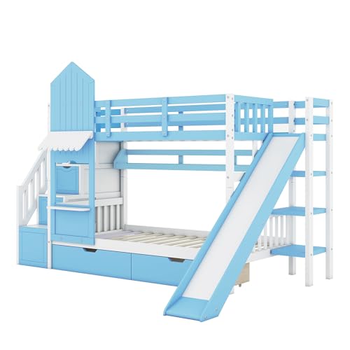 Kids Bunk Bed with Stairs and Slide, Twin Over Twin, Gray E77813