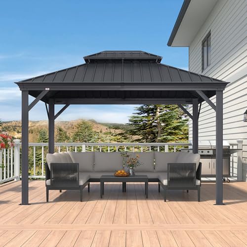 10' x 14' Permanent Hardtop Gazebo with Galvanized Steel Double Roof, Curtains and Netting Included M96664