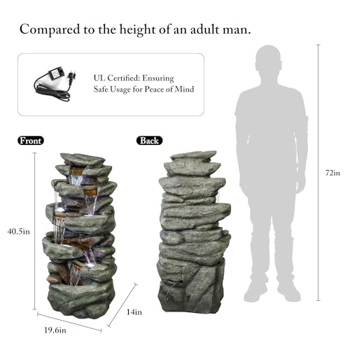 40" High 6-Tier Cascading Rock Outdoor Water Fountain with LED Lights for Garden Patio Yard Decor P631596