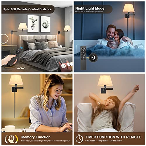 Wall Sconces Plug in, Remote Control Dimmable, Swing Arm Wall Lights with Fabric Shade, 2 Pack Z41784