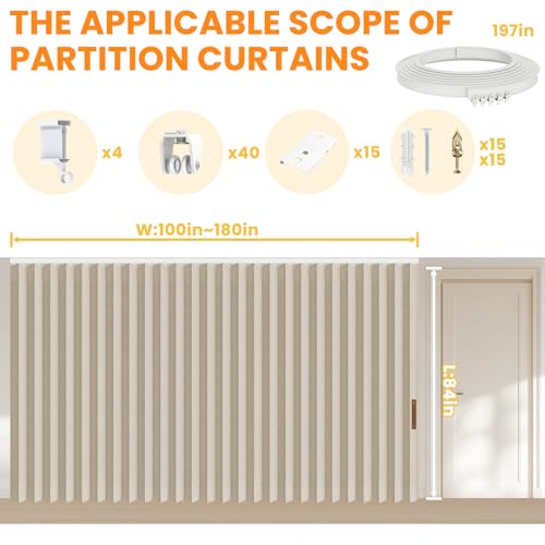 Accordion Room Divider Curtains with Ceiling Track, Grey, W100 x L84 J296