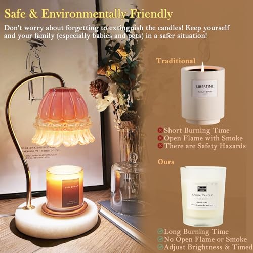 Candle Warmer Lamp with Timer, Dimmable Glass Flower Design, Marble Base W75869