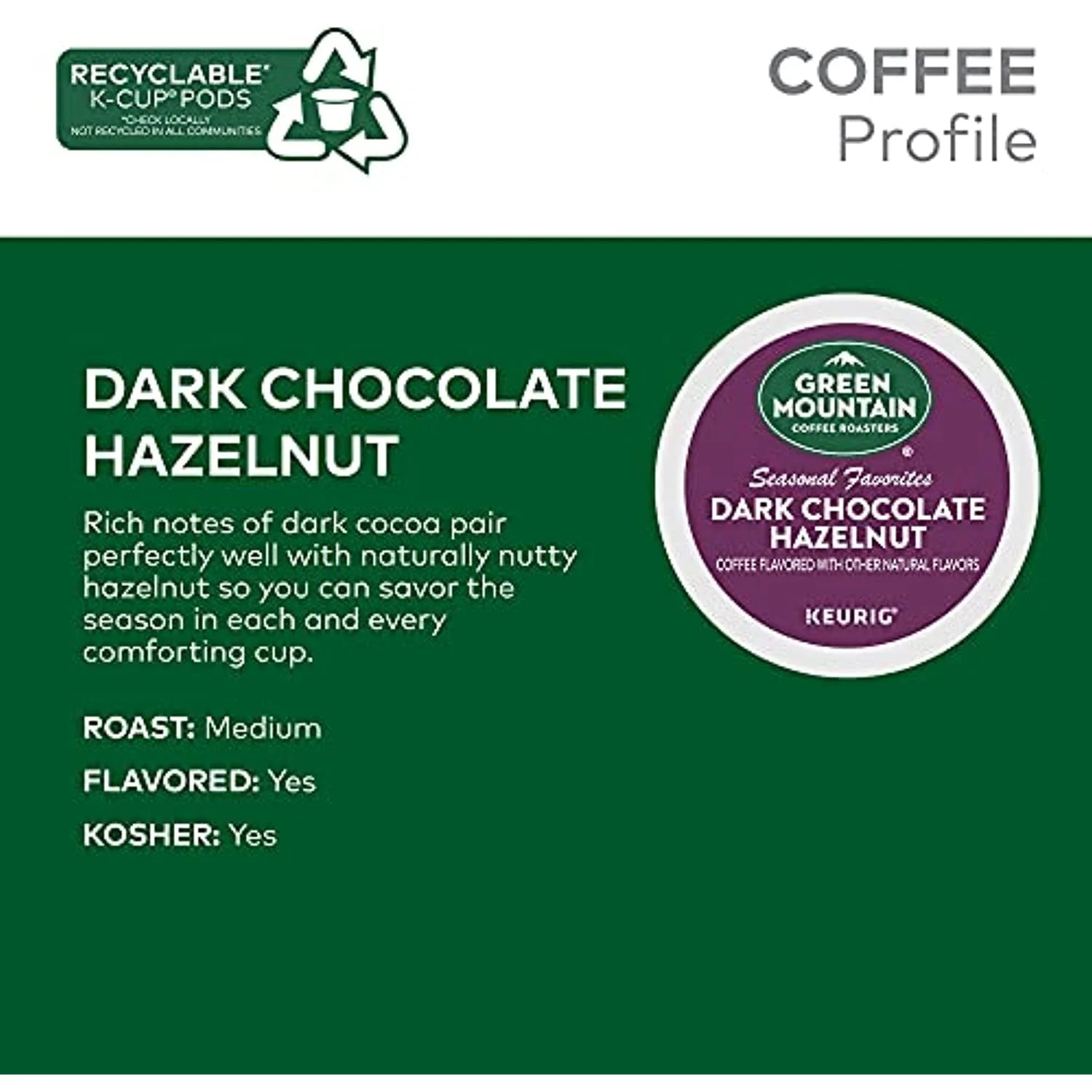 Dark Chocolate Hazelnut Coffee, Keurig Single Serve Pods, 72 Count G7111