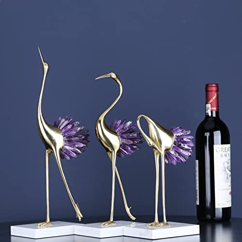 Gold Crane Bird Statue with Crystal Tail Accents, Brass Figurine for Home Decor P83593