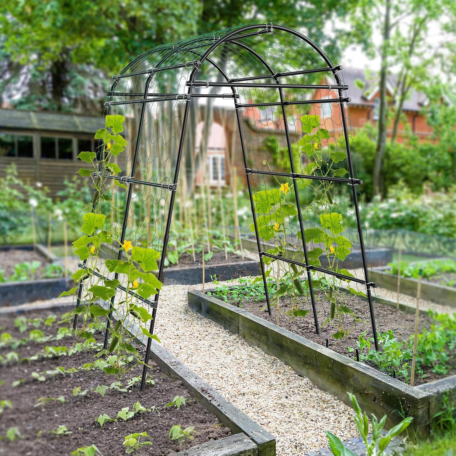 Garden Arch Trellis for Climbing Plants Outdoor, 7 Ft Tall Metal Archway with Nylon Net Z6359