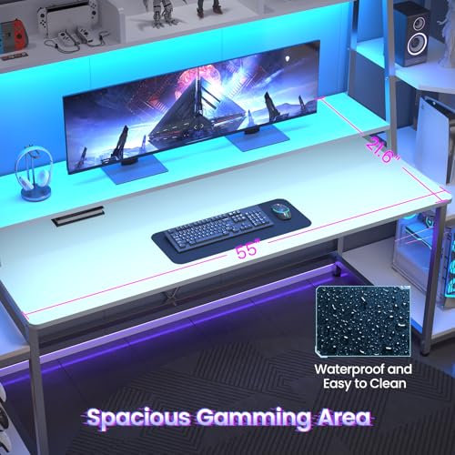 Gaming Desk with LED Lights, Hutch and Storage Shelves, Black R364