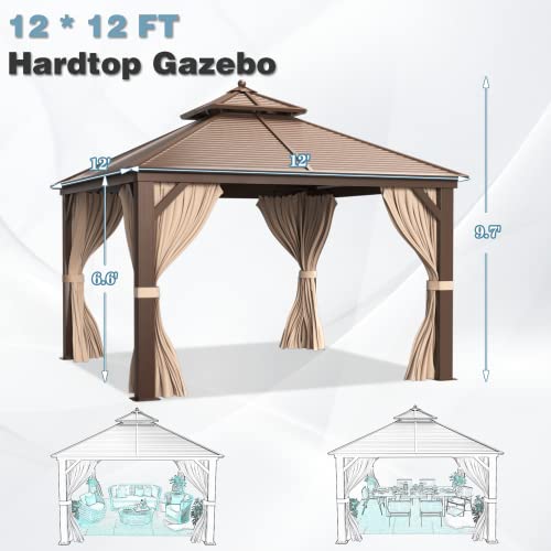 12x16 ft Hardtop Gazebo with Galvanized Steel Roof, Curtains and Netting V821