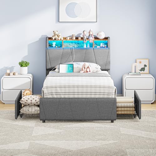 Twin Bed Frame with 2 Storage Drawers, Charging Station & LED Lights, Upholstered Platform Bed, Beige Q69205