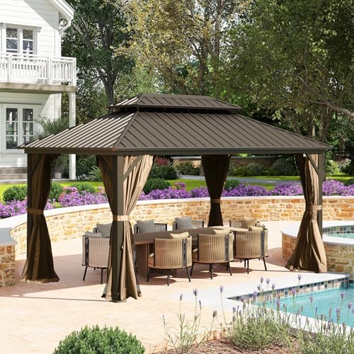 10 x 10 ft Hardtop Gazebo with Netting and Curtains, Galvanized Steel Roof for Patio and Garden X50618