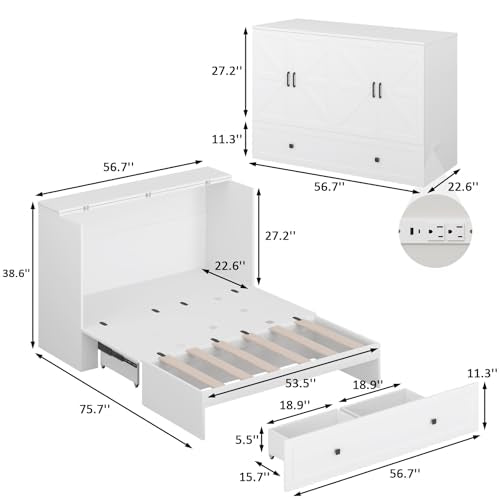 Murphy Bed with Storage and Charging Station, Foldable Panel, for Guest Bedroom, Living Room, Office V324