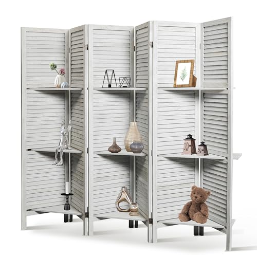 6 Panel Wooden Room Divider with Shelves B102027