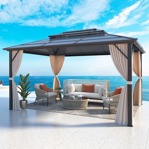 10'x13' Hardtop Gazebo with Polycarbonate Double Roof, Aluminum Frame, Curtains and Netting N263