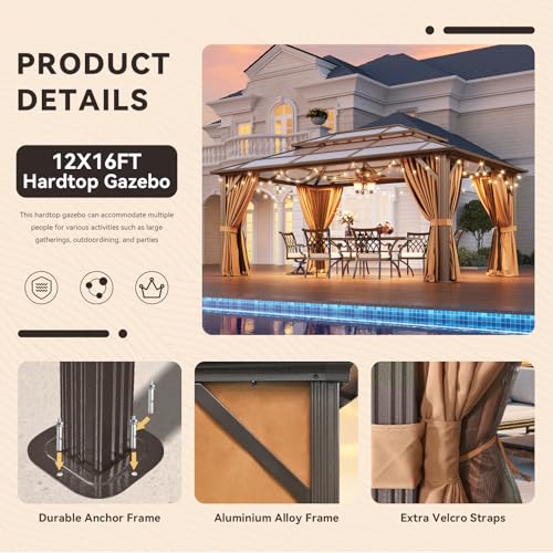 12x16 Hardtop Gazebo with Netting and Curtains, Aluminum Frame, Polycarbonate Roof N71921
