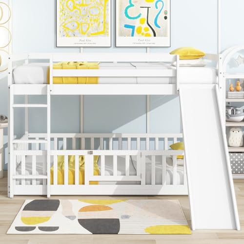 Twin Over Full Bunk Bed with Slide and Storage Stairs C57577