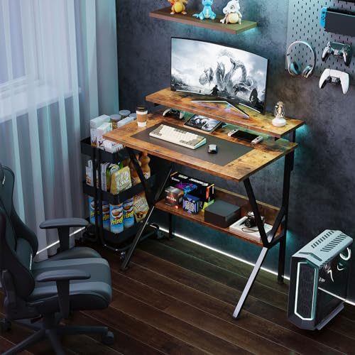 Small Desk with Adjustable Monitor Stand for Small Spaces, Grey D8453