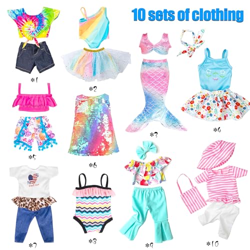 18 Inch Doll Fashion Clothes 10 Sets with Outfits, Mermaid Dress, Bikini, Hats & Handbags U87674