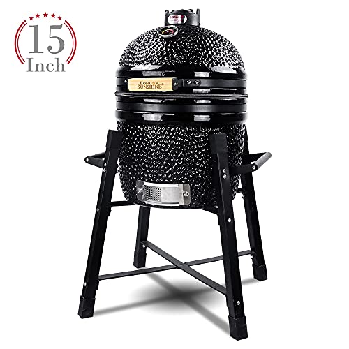Ceramic Kamado Charcoal BBQ Grill and Smoker, 15 Inch with Tall Stand W2109