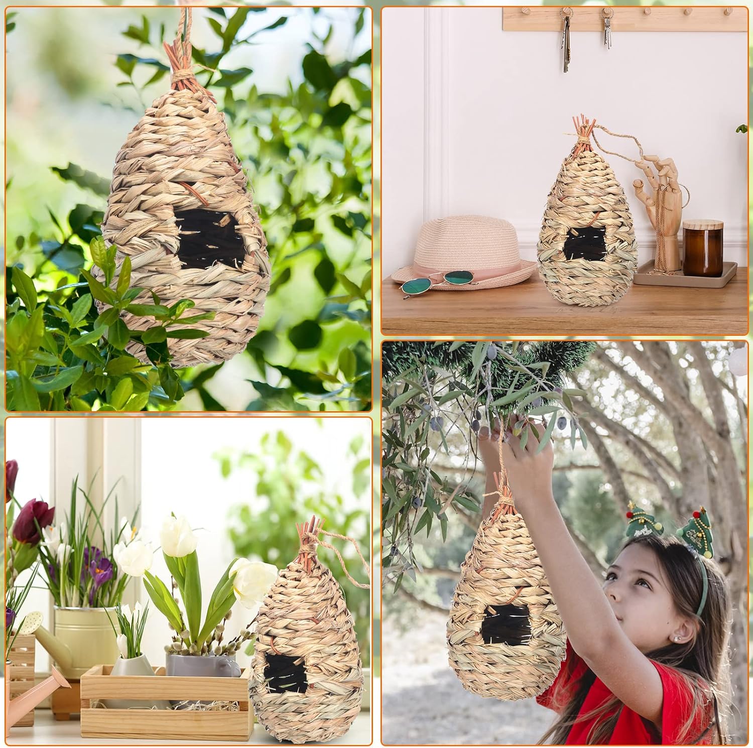 Hummingbird Nest Houses for Outside Hanging, Hand Woven Natural Fiber, 8 Pack X9654