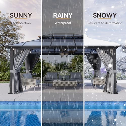 12x16 Hardtop Gazebo with Netting and Curtains, Aluminum Frame, Polycarbonate Roof N71921